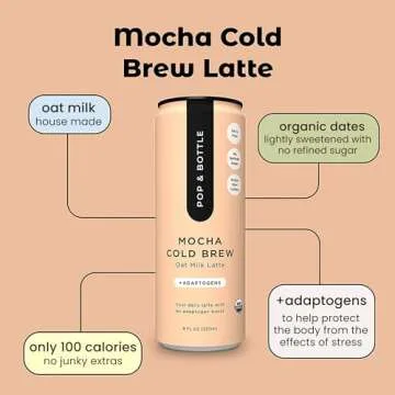 Pop & Bottle, Oat Milk Lattes - Cold Brew with Adaptogens, Maca, Ashwagandha, MCT Oil, Oat Milk, Organic, Dairy Free, Gluten Free, Great as Iced Coffee, Lightly Sweetened with Dates - Mocha, 8 Fl Oz (12 Pack)