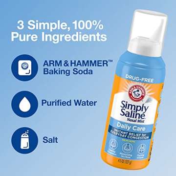 Arm & Hammer Simply Saline Daily Care Nasal Mist 4.4oz, Saline Nasal Spray, Drug-Free, 3-Pack
