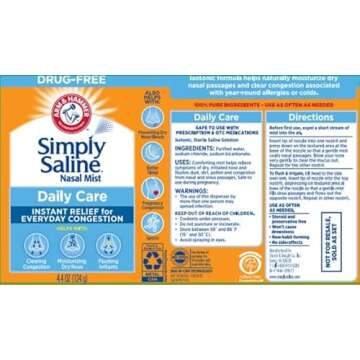 Arm & Hammer Simply Saline Daily Care Nasal Mist 4.4oz, Saline Nasal Spray, Drug-Free, 3-Pack