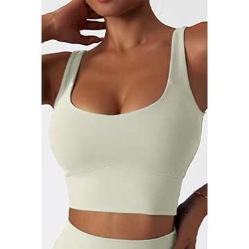 QINSEN Ladies Low Cut Neckline Sports Bra Sleeveless Fitness Tank Tight Yoga Bras Beige L