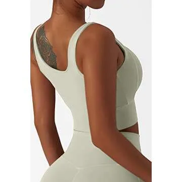 QINSEN Ladies Low Cut Neckline Sports Bra Sleeveless Fitness Tank Tight Yoga Bras Beige L