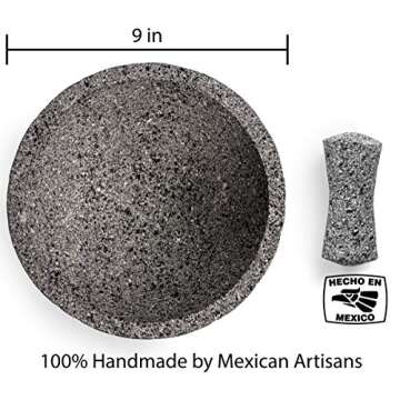 Genuine Handmade Mexican Mortar and Pestle, Molcajete de Piedra Volcanica Mexicana, Stone Mixing Grinder for species, Guacamole Bowl, and other Molcajete Plates | Made in Mexico (8 Inches) (9 Inch)