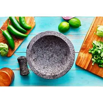 Genuine Handmade Mexican Mortar and Pestle, Molcajete de Piedra Volcanica Mexicana, Stone Mixing Grinder for species, Guacamole Bowl, and other Molcajete Plates | Made in Mexico (8 Inches) (9 Inch)