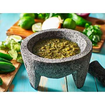 Genuine Handmade Mexican Mortar and Pestle, Molcajete de Piedra Volcanica Mexicana, Stone Mixing Grinder for species, Guacamole Bowl, and other Molcajete Plates | Made in Mexico (8 Inches) (9 Inch)