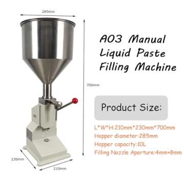 INTBUYING Manual Liquid Filling Machine Stainless Steel Filling Machine with 10L Hopper A03 Manual Paste Liquid Filling Machine Adjustment 5-60ml Bottle Filler