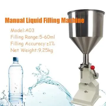 INTBUYING Manual Liquid Filling Machine Stainless Steel Filling Machine with 10L Hopper A03 Manual Paste Liquid Filling Machine Adjustment 5-60ml Bottle Filler