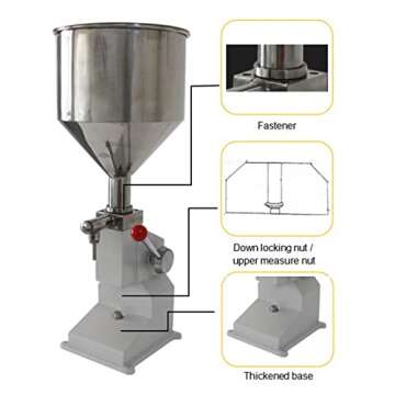 INTBUYING Manual Liquid Filling Machine Stainless Steel Filling Machine with 10L Hopper A03 Manual Paste Liquid Filling Machine Adjustment 5-60ml Bottle Filler