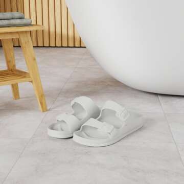 FUNKYMONKEY Women's Comfort Slides Double Buckle Adjustable EVA Flat Sandals (7 M US-Women, White)