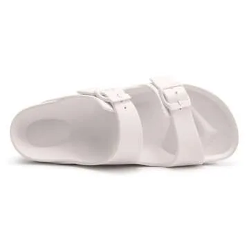 FUNKYMONKEY Women's Comfort Slides Double Buckle Adjustable EVA Flat Sandals (7 M US-Women, White)
