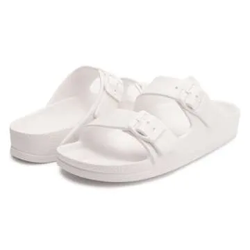 FUNKYMONKEY Women's Comfort Slides Double Buckle Adjustable EVA Flat Sandals (7 M US-Women, White)