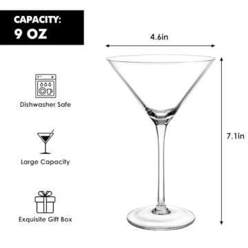 Moretoes Martini Glasses Set of 6, 9oz Hand Made Crystal Cocktail Glasses For Bar, Margarita, Gimlet...