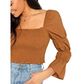 Floerns Women's Square Neck Puff Sleeve Shirred Blouse Crop Top