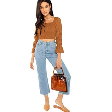 Floerns Women's Square Neck Puff Sleeve Shirred Blouse Crop Top