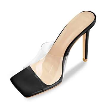 Richealnana Women's Transparent Clear Square Toe Sandals Stiletto Heel Slip On Mules Shoes Black US 11