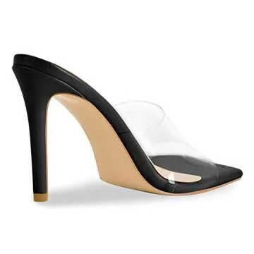 Richealnana Women's Transparent Clear Square Toe Sandals Stiletto Heel Slip On Mules Shoes Black US 11