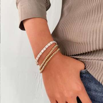 Badu Silver Beaded Bracelets for Women no tarnish Silver plated Stackable Bead Ball Bracelet Stretchable Elastic Hypoallergenic Trendy (Gold, 6.6Inch)