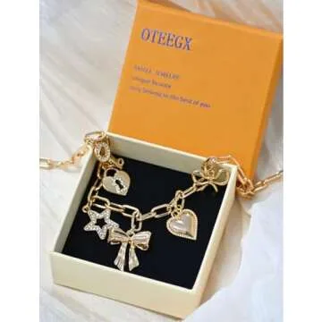 OTEEGX Gold Charm Necklaces for Women, 18K Gold Plated Bow Pendant Necklace Gold Heart Chain Aesthetic Star Jewelry (one size, Modern, Gold1)