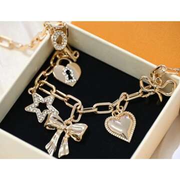 OTEEGX Gold Charm Necklaces for Women, 18K Gold Plated Bow Pendant Necklace Gold Heart Chain Aesthetic Star Jewelry (one size, Modern, Gold1)