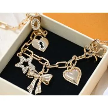 OTEEGX Gold Charm Necklaces for Women, 18K Gold Plated Bow Pendant Necklace Gold Heart Chain Aesthetic Star Jewelry (one size, Modern, Gold1)