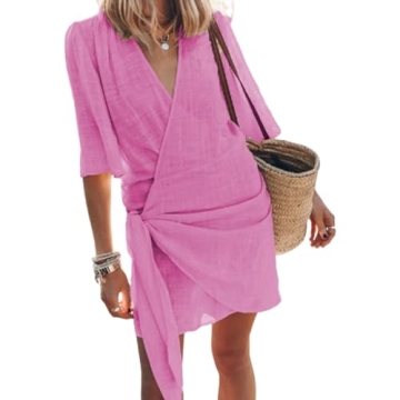 Womens Summer Beach Cotton Linen Dress Soild Color Shrot Sleeve Cross V-Neck Wrap Gown Mini Dress Pi...