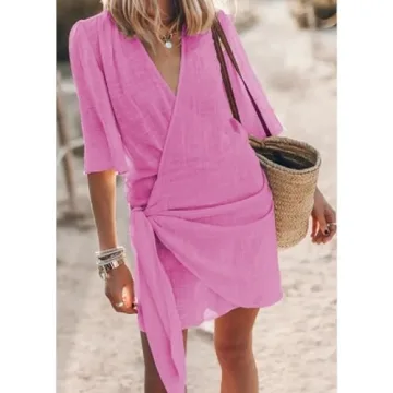 Womens Summer Beach Cotton Linen Dress Soild Color Shrot Sleeve Cross V-Neck Wrap Gown Mini Dress Pink