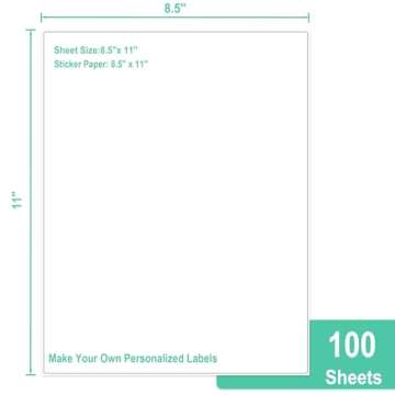 L LIKED 8.5" x 11" Printable White Sticker Paper Full Sheet Label, Matte, for Laser & Inkjet Printers (100 Sheets)