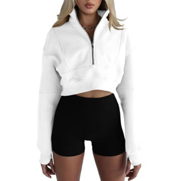 Fisoew Women's Half Zipper Cropped Sweatshirts Casual Long Sleeve Tops With Thumb Hole White