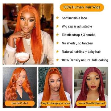 Hevgf Orange Ginger Lace Front Wigs Human Hair 13x4 Ginger Straight Human Hair Wig for Women HD Lace Front Wigs Human Hair Pre Plucked with Baby Hair 180% Density Ginger Human Hair Wig16 inch