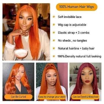 Hevgf Orange Ginger Lace Front Wigs Human Hair 13x4 Ginger Straight Human Hair Wig for Women HD Lace Front Wigs Human Hair Pre Plucked with Baby Hair 180% Density Ginger Human Hair Wig16 inch