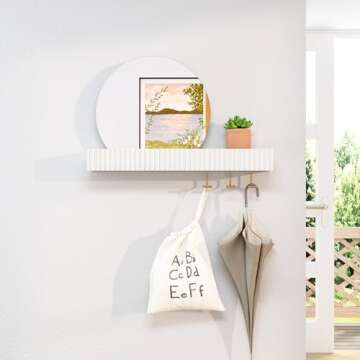 ARTPOWER Round Wall Mirror with Shelf&Hooks, 15"x24" White Vanity Mirror with Streamlined Texture, Circle Decorative Mirror for Bathroom, Entryway, Bedroom, Living Room