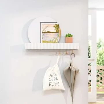 ARTPOWER Round Wall Mirror with Shelf&Hooks, 15"x24" White Vanity Mirror with Streamlined Texture, Circle Decorative Mirror for Bathroom, Entryway, Bedroom, Living Room