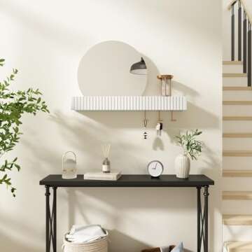 ARTPOWER Round Wall Mirror with Shelf&Hooks, 15"x24" White Vanity Mirror with Streamlined Texture, Circle Decorative Mirror for Bathroom, Entryway, Bedroom, Living Room