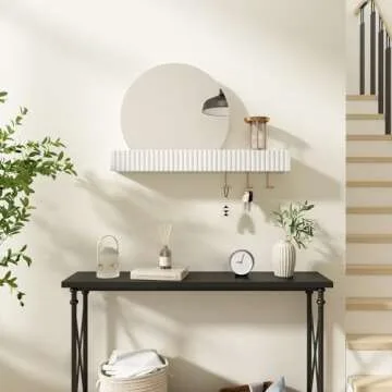 ARTPOWER Round Wall Mirror with Shelf&Hooks, 15"x24" White Vanity Mirror with Streamlined Texture, Circle Decorative Mirror for Bathroom, Entryway, Bedroom, Living Room