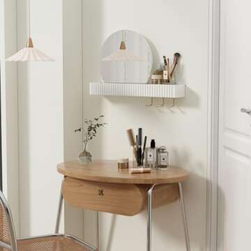 ARTPOWER Round Wall Mirror with Shelf&Hooks, 15"x24" White Vanity Mirror with Streamlined Texture, Circle Decorative Mirror for Bathroom, Entryway, Bedroom, Living Room