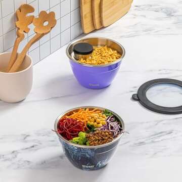 S'well Stainless Steel Salad Bowl Kit 64oz, Hillside Lavender, Comes with 2oz Mini Canister and Removable Tray for Organization, Leakproof, Easy to Clean, Dishwasher Safe
