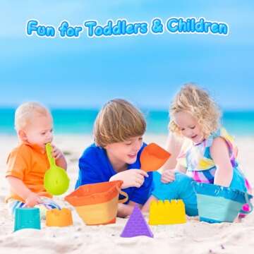 HUGCATY Beach Toys, Collapsible Sand Toys - 9pcs Sand Castle Building Kit: Foldable Sand Buckets, Shovels, Castle Molds & Packable Mesh Bag - Sandbox Toys for Toddlers, Kids Ages 3-12, Beach Travel