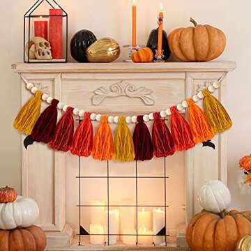 Canlierr Wood Beads Garland 36 Inches Wooden Beads for Boho Home with Tassels Fall Decor for Rustic Country Decor for Table Wall Shelf Tray Vase Living Room Bedroom