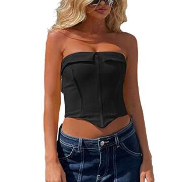 Sunloudy Women Denim Push Up Bustier Tube Top Strapless Button Up Corset Off Shoulder Crop Top Streetwear(#G Black,S)