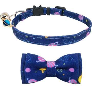 KUDES Cat Collar Breakaway with Cute Bow Tie and Bell Charms, 2 Pack/Set Adjustable Safety Buckle Printed Pet Collars for Kitty Puppies and Other Small Animals (Dinosaur & Space)