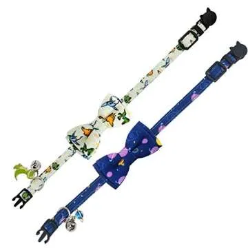 KUDES Cat Collar Breakaway with Cute Bow Tie and Bell Charms, 2 Pack/Set Adjustable Safety Buckle Printed Pet Collars for Kitty Puppies and Other Small Animals (Dinosaur & Space)