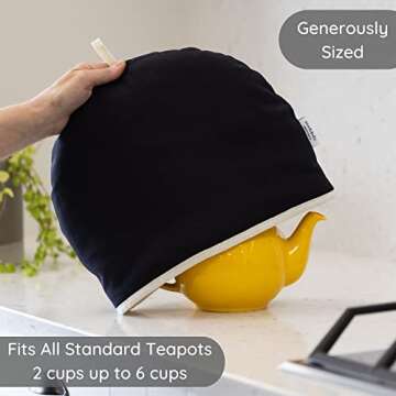 Muldale Large Tea Cozy for Teapot Insulated - Black - Thermal 100% Cotton Extra Thick Wadding - Desi...