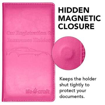 Lifecraft Insurance Registration Document Holder for Glove Box Compartment Organizer Auto Drivers License, ID and Cards - Premium PU Leather Vehicle Magnetic Information Cover Wallet (Hot Pink)