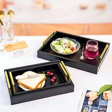 Hanobe Black Decorative Trays for Coffee Table MDF Large Ottoman Tray for Living Room Bathroom Coffee Bar Decor Modern Tray with Gold Handles (Black, 3)