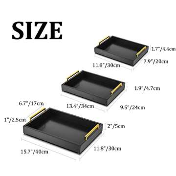 Hanobe Black Decorative Trays for Coffee Table MDF Large Ottoman Tray for Living Room Bathroom Coffee Bar Decor Modern Tray with Gold Handles (Black, 3)
