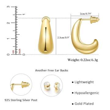 KissYan Chunky Gold Hoop Earrings for Women, 14K Gold Plated Lightweight Hollow Open Hoops Thick Teardrop Earrings Sterling Silver Post Fashion Jewelry Gifts(Style3-G)