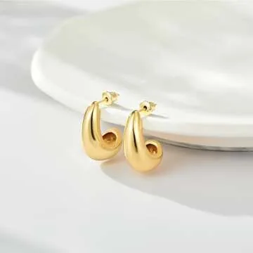 KissYan Chunky Gold Hoop Earrings for Women, 14K Gold Plated Lightweight Hollow Open Hoops Thick Teardrop Earrings Sterling Silver Post Fashion Jewelry Gifts(Style3-G)