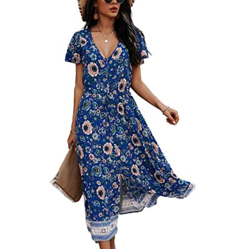 TEMOFON Women's Dress Bohemian Short Sleeve Summer V-Neck Split Floral Printed Casual Maxi Dresses f...