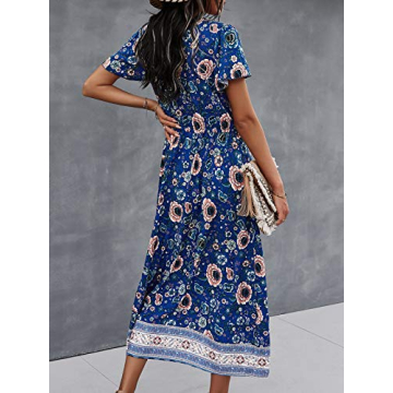 TEMOFON Women's Dress Bohemian Short Sleeve Summer V-Neck Split Floral Printed Casual Maxi Dresses for Beach Party Blue L