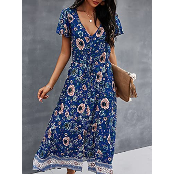 TEMOFON Women's Dress Bohemian Short Sleeve Summer V-Neck Split Floral Printed Casual Maxi Dresses for Beach Party Blue L