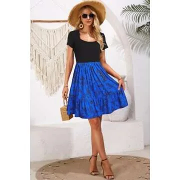 Newshows Womens 2025 Summer Dress Short Sleeve Square Neck Dresses Casual Beach Vacation A-Line Ruffle Sundress with Pockets(Royal Floral Black,L)